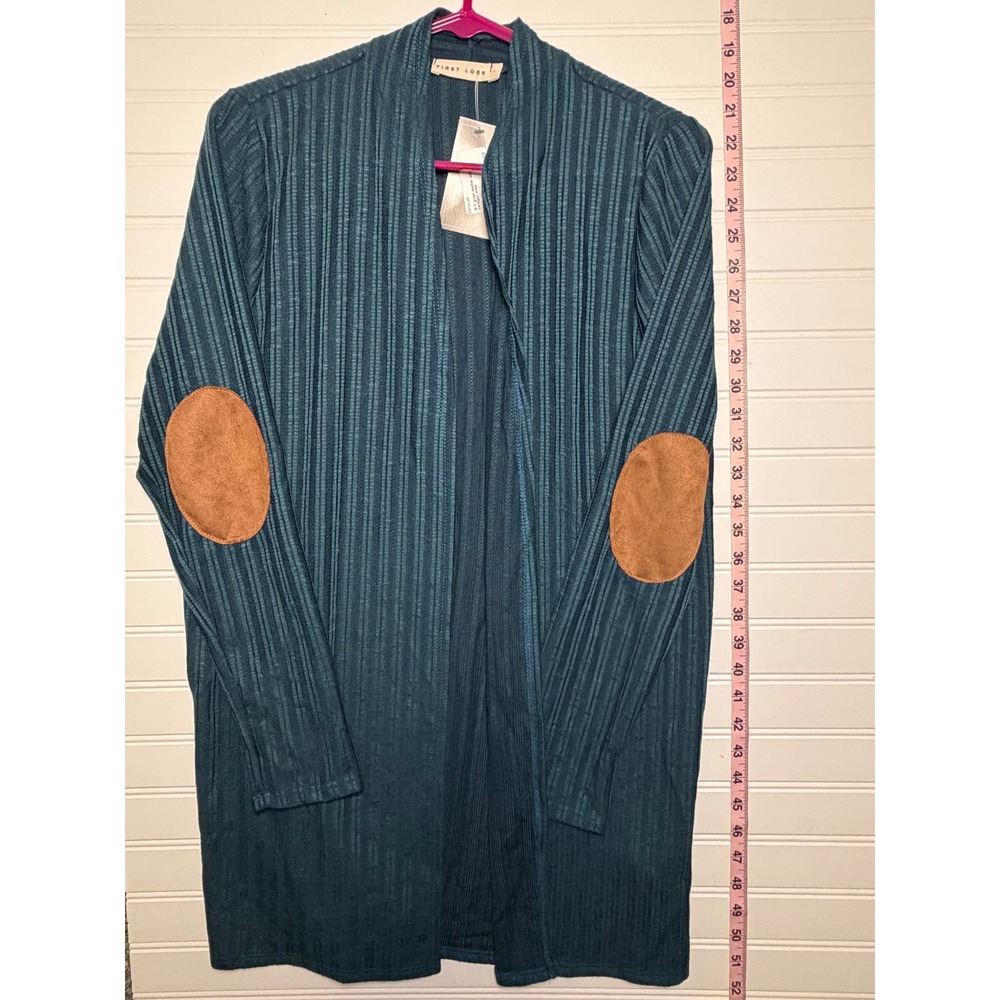 First Look Womens Teal Green Ribbed Open Front Cardigan Elbow Patches Small NWT